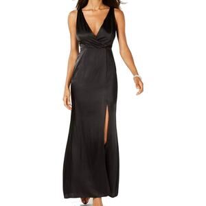 New ADRIANNA PAPELL Black Hammered Satin Slit Maxi Evening Gown Dress Size 2